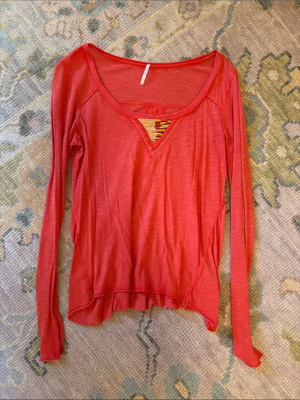 Free People Coral-Red Long Sleeve Top with Embroidered Triangle